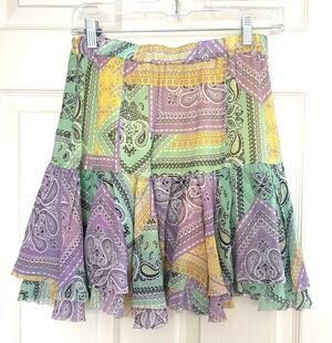 Le Superbe Skirt Silk Mini Paisley Patches Coastal Cowgirl Size 4 Boho Princess